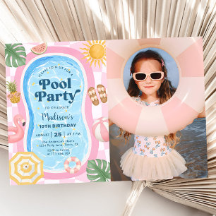 Convites Festa na Piscina Tema de Verão Foto de Aniversário