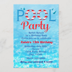 Convites Festa na Piscina Tipografia de Aniversário Vermelh