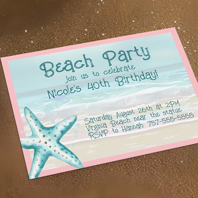 Convites Festa na Praia Estrelas-do-Mar Aquática e Rosa Aqu (Starfish beach party invitations, cheerful & casual for Summer fun)
