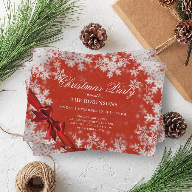 Convites Festa Natal Festiva Prata e Friso Vermelho (Festive Holiday Christmas Silver & Red Ribbon Red Invitation)