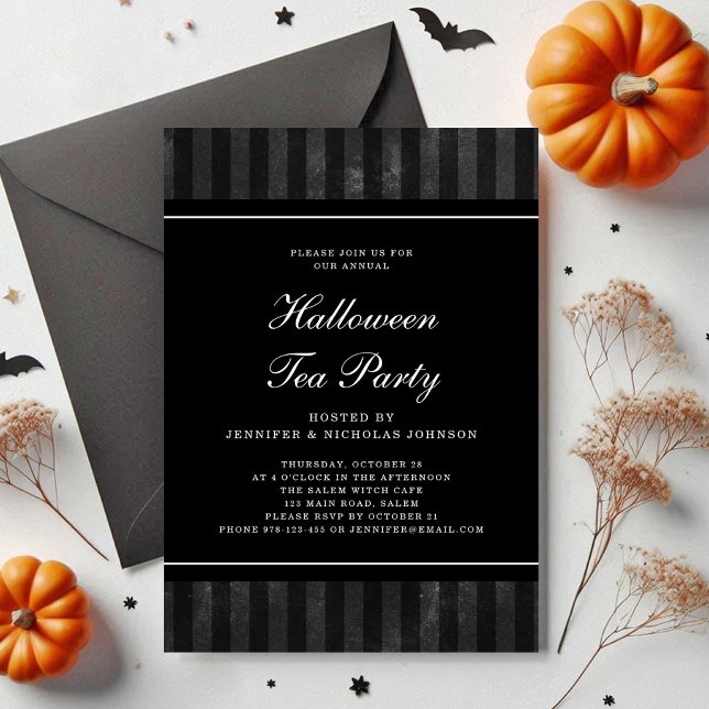 Convites Festa Negra de Chá no Halloween (Black Stripes Halloween Tea Party Invitation)