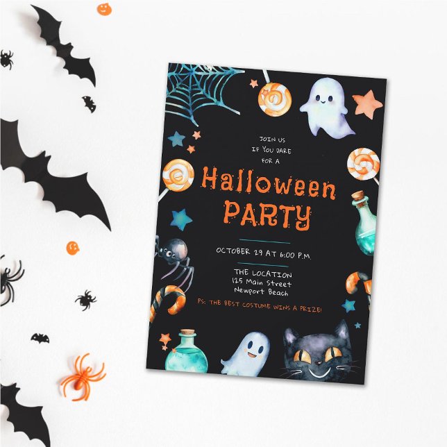 Convites Festa Negra de Ghosts Black Cat House (halloween family house party invitation candy frame spider ghosts cat potion black orange whimsical)