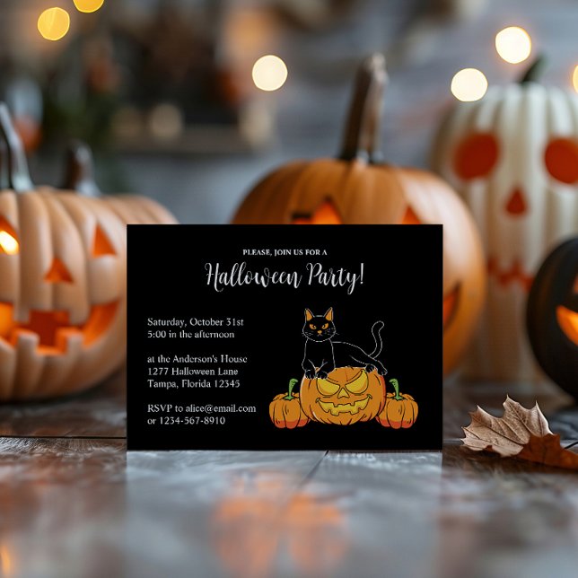 Convites Festa Negra de Halloween Cat & Pumpkin Impressão (Black Stylish Halloween Party Cat & Pumpkin Print Invitation)