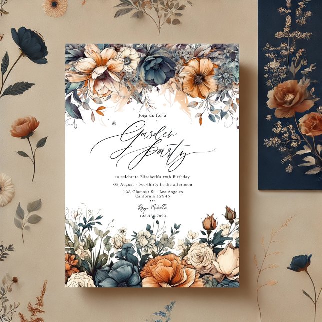 Convites Festa no Jardim Azul-Marinho, Laranja Queimada e C (Navy Blue, Burnt Orange and Champagne Garden Party Invitation)