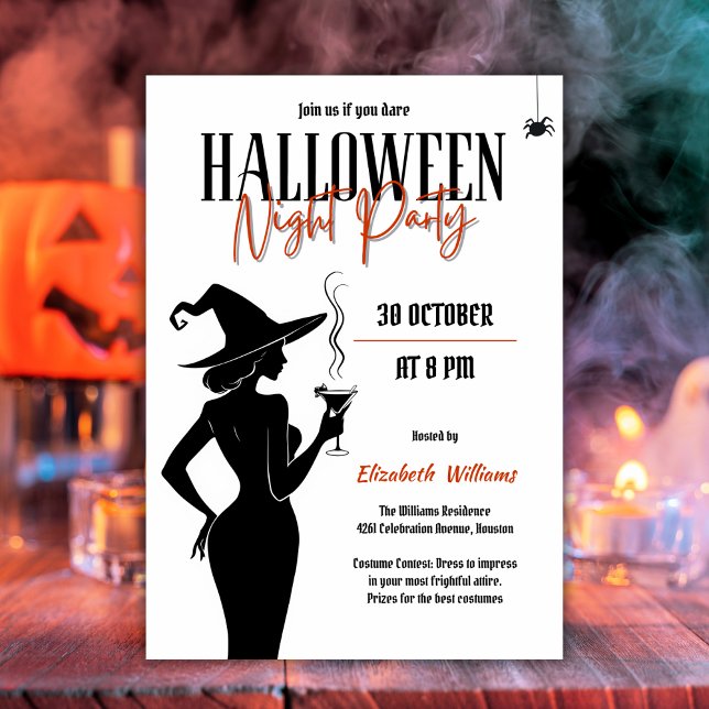 Convites Festa Noite de Halloween da Bruxa Negra (Black Witch Silhouette Halloween Night Party Invitation)