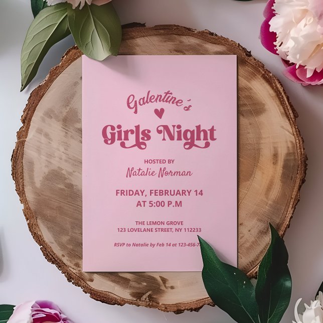 Convites Festa Noturna das Meninas da Galentina Rosa-Rosa-G (galentines girls night cute pink party invitation)