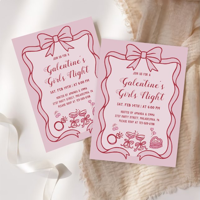 Convites Festa Noturna das Meninas Galentines com Laço Rosa (Criador carregado)