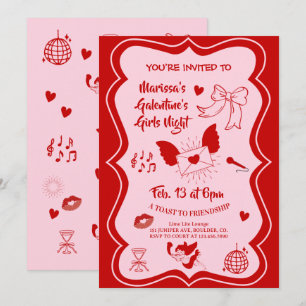 Convites Festa Noturna Rosa de Galentine Corações Desenhado