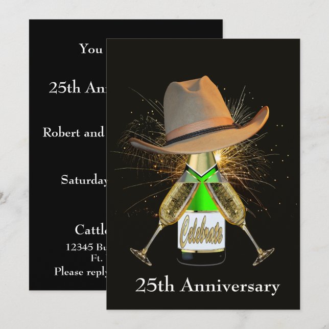 Convites Festa Ocidental Champanhe E Chapéu De Cowboy Perso (Frente/Verso)