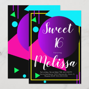 Convites Festa Orgânica Neon Sweet 16 80s Brilho no Escuro