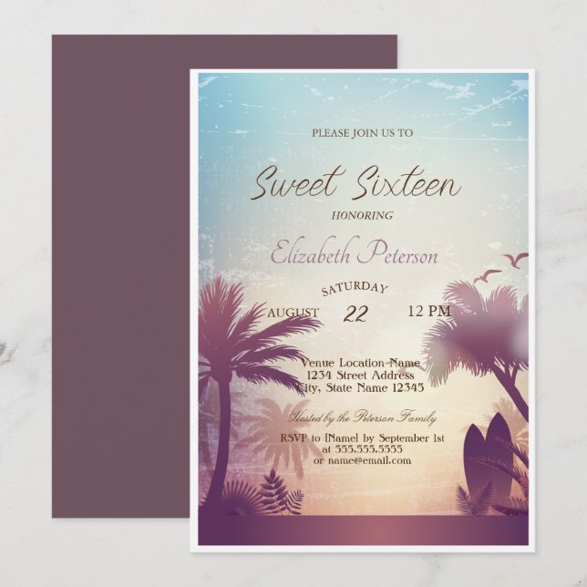 Convites Festa Palms Beach Surfboard Sweet 16   (Frente/Verso)
