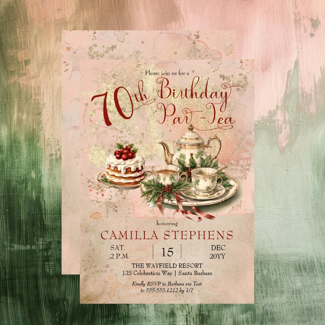 Convites Festa Par-Tea de Aniversário do Elegante Winter 70 (Elegant Winter Floral Tea Set Holly and Berries 70th Birthday Par-Tea Party Invitation)