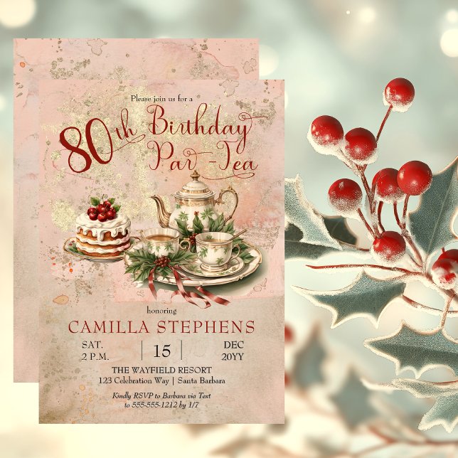 Convites Festa Par-Tea de Aniversário do Elegante Winter 80 (Elegant Winter Floral Tea Set Holly and Berries 80th Birthday Par-Tea Party Invitation)