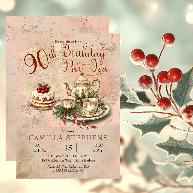 Convites Festa Par-Tea de Aniversário do Elegante Winter 90 (Elegant Winter Floral Tea Set Holly and Berries 90th Birthday Par-Tea Party Invitation)