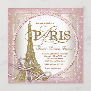 Convites Festa Paris Sweet 16 Rosa e Dourado Pérola