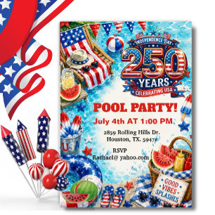Convites Festa Patriótica Americana à Beira da Piscina com