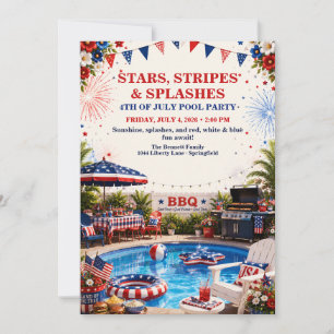 Convites Festa Patriótica de 4 de Julho na Piscina - Vermel