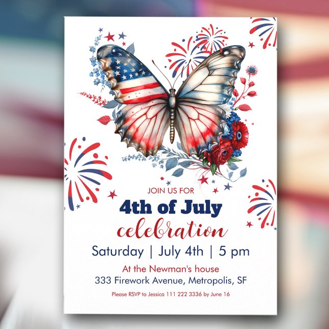 Convites Festa Patriótica de Borboleta e Fireworks 4 de jul (Patriotic Butterfly & Fireworks 4th of July Party Invitation)