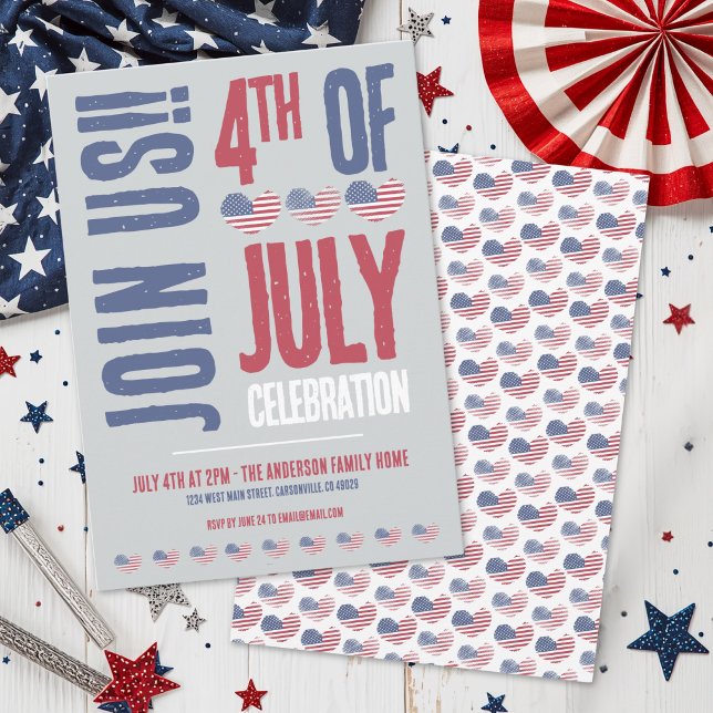 Convites Festa Patriótica do Dia 4 de Julho (Cute Rustic Heart American Flag 4th Of July Party Invitation)
