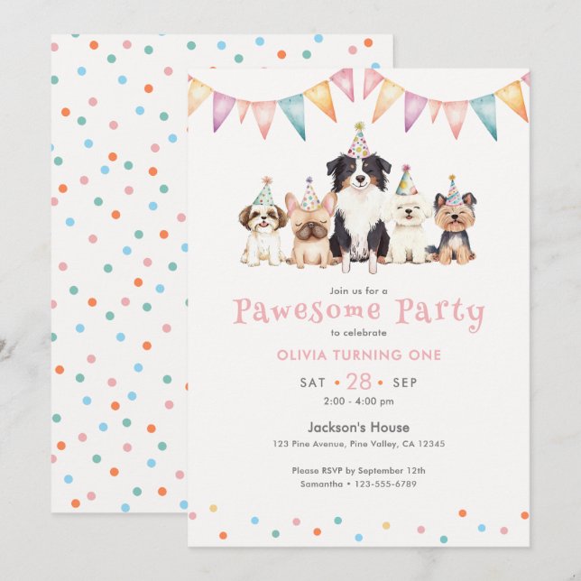 Convites Festa Pawesome dos Cachorros Primeiro Aniversário  (Frente/Verso)
