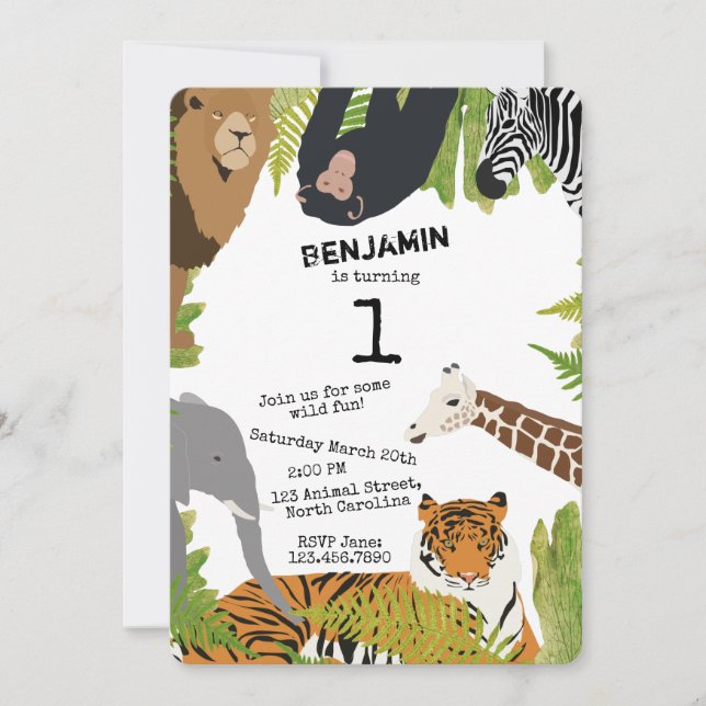 Convites Festa Personalizada de Crianças Safari de Animais  (Frente)