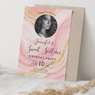 Convites Festa PHOTO Rosa Dourada Blush Pink Marble Sweet 1