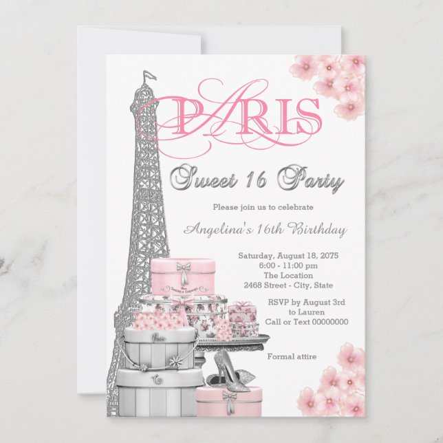Convites Festa Pink Paris Sweet 16 (Frente)