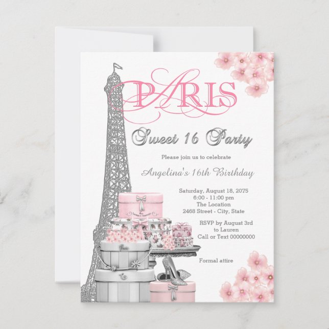 Convites Festa Pink Paris Sweet 16 (Frente)