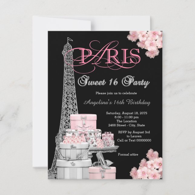 Convites Festa Pink Paris Sweet 16 (Frente)