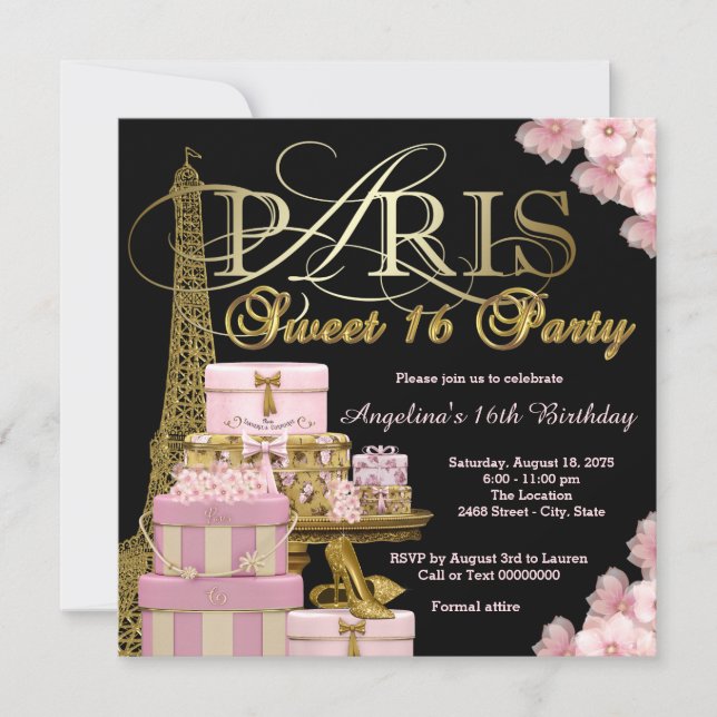 Convites Festa Pink Paris Sweet 16 (Frente)