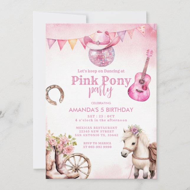 Convites Festa Pink-Pony Country Western Girl Aniversário (Frente)