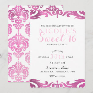 Convites Festa Pink & White Damask Chic Elegante Doce 16