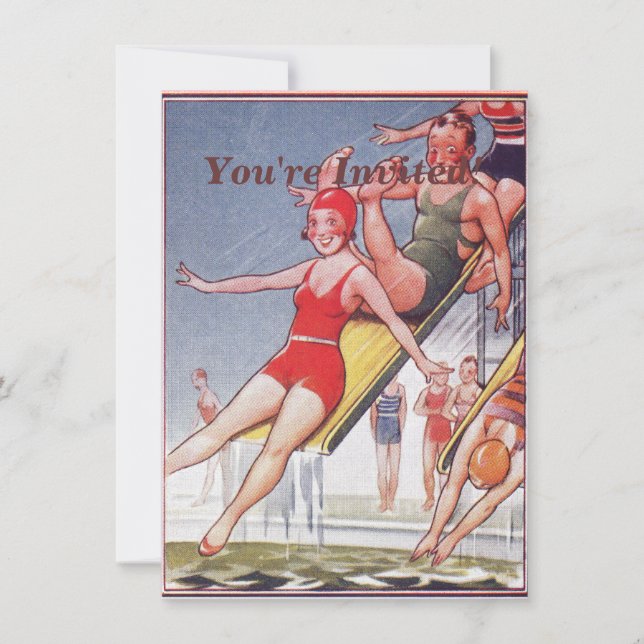 Convites Festa piscina Vintage Natação Verão (Frente)