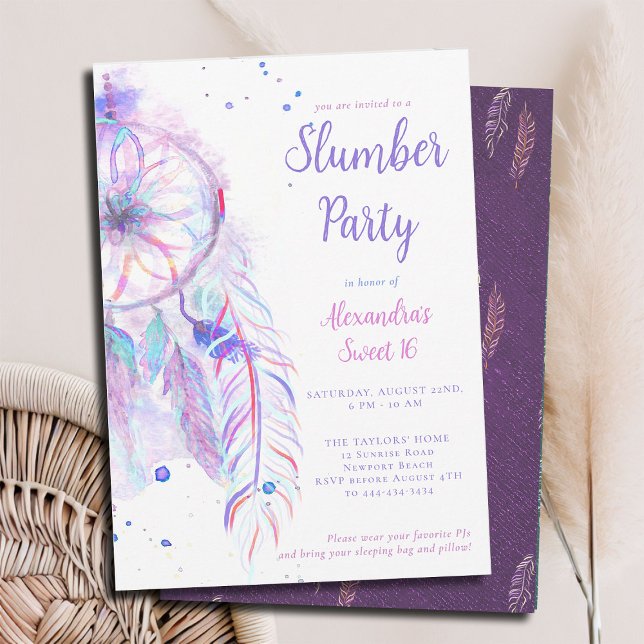 Convites Festa PJ Roxo Dreamcatcher Doce 16 (sweet 16 slumber invitation birthday pj sleepover dreamcatcher purple pink watercolor whimsical)