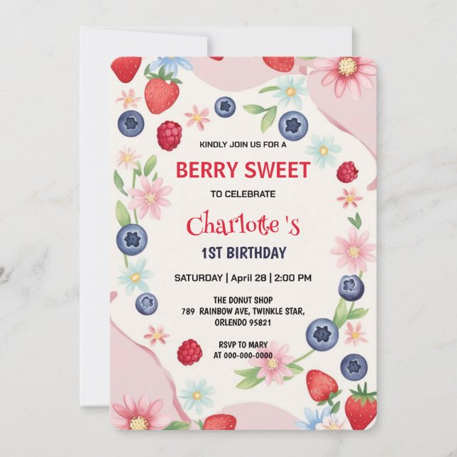 Convites Festa primeiro aniversario de morangos vermelhos p (Frente)