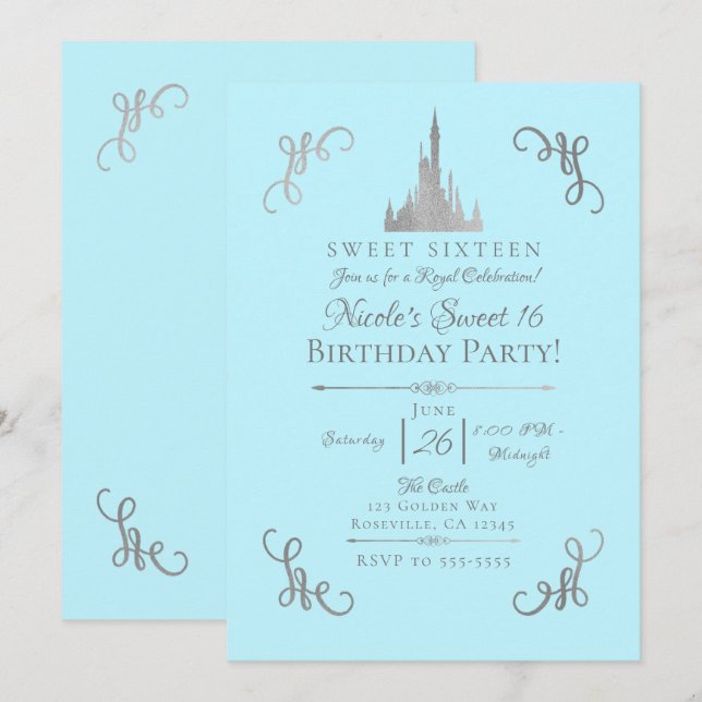 Convites Festa Princesa Conto de Fadas Silver & Blue Sweet  (Frente/Verso)