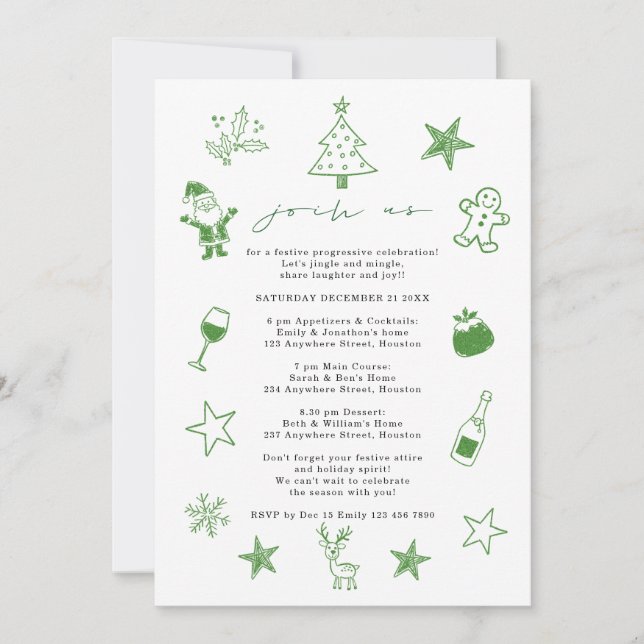 Convites Festa Progressiva de Natal com Doodles Festivos (Frente)