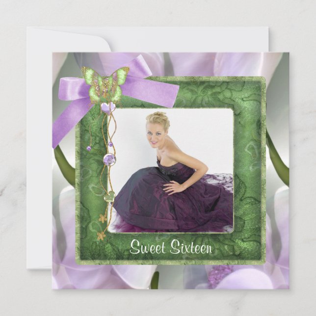 Convites Festa Purple Green Butterfly Foto Sweet 16 (Frente)
