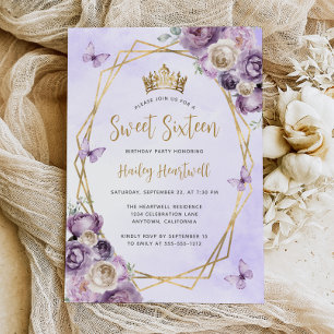 Convites Festa Purple Ivory Gold Geométrico Floral Doce 16