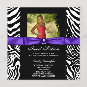 Convites Festa Purple Zebra Photo Sweet 16