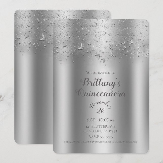 Convites Festa Quinceañera Borboleta Silver Shimmer (Frente/Verso)