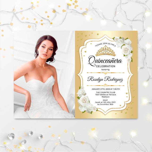 Convites Festa Quinceanera com Foto - Dourado Branco (Criador carregado)