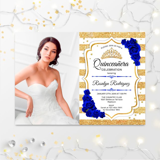 Convites Festa Quinceanera com Foto - Dourado Royal Blue (Criador carregado)