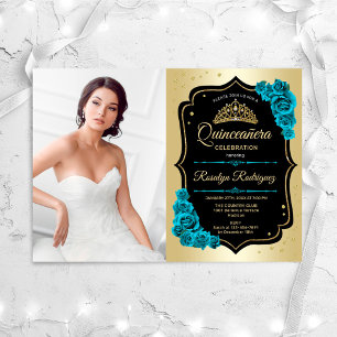 Convites Festa Quinceanera Com Foto - Dourado Teal Negro