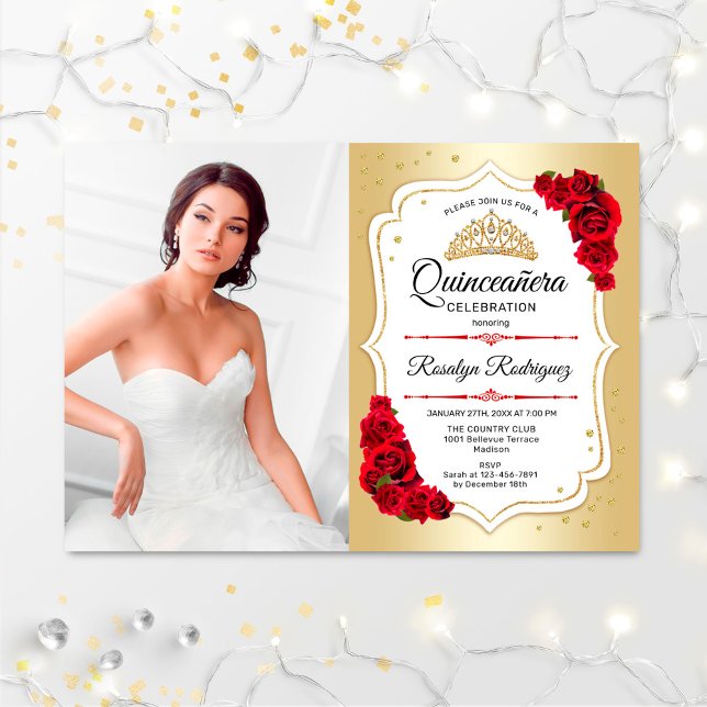 Convites Festa Quinceanera com Foto - Dourado Vermelho Bran (Criador carregado)