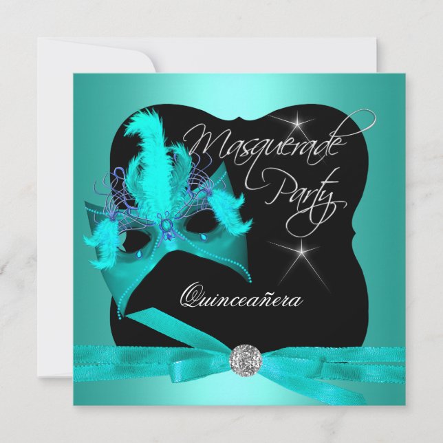 Convites Festa Quinceanera Mascarada Teal Black (Frente)