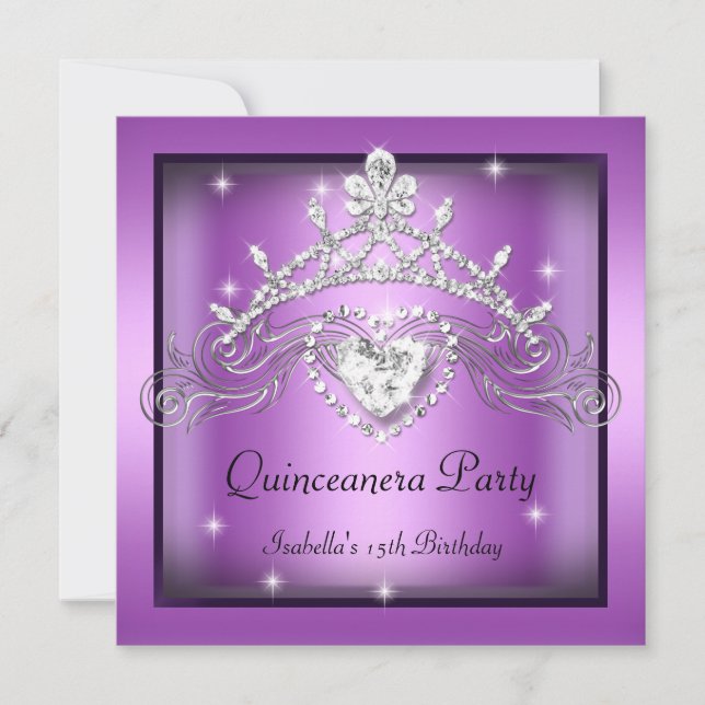 Convites Festa Quinceanera Tiara Prata Roxo 15 (Frente)