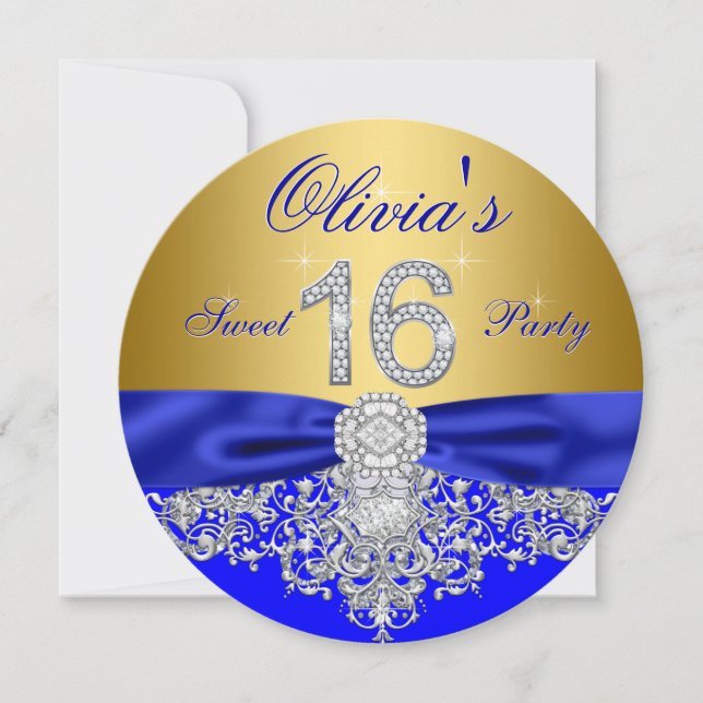 Convites Festa Real Blue e Dourada Diamond Sweet 16 (Frente)