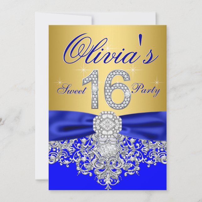 Convites Festa Real Blue e Dourada Diamond Sweet 16 (Frente)