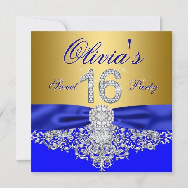 Convites Festa Real Blue e Dourada Diamond Sweet 16 (Frente)